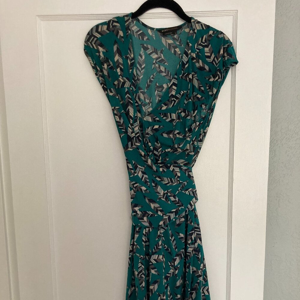 Feather print teal wrap dress